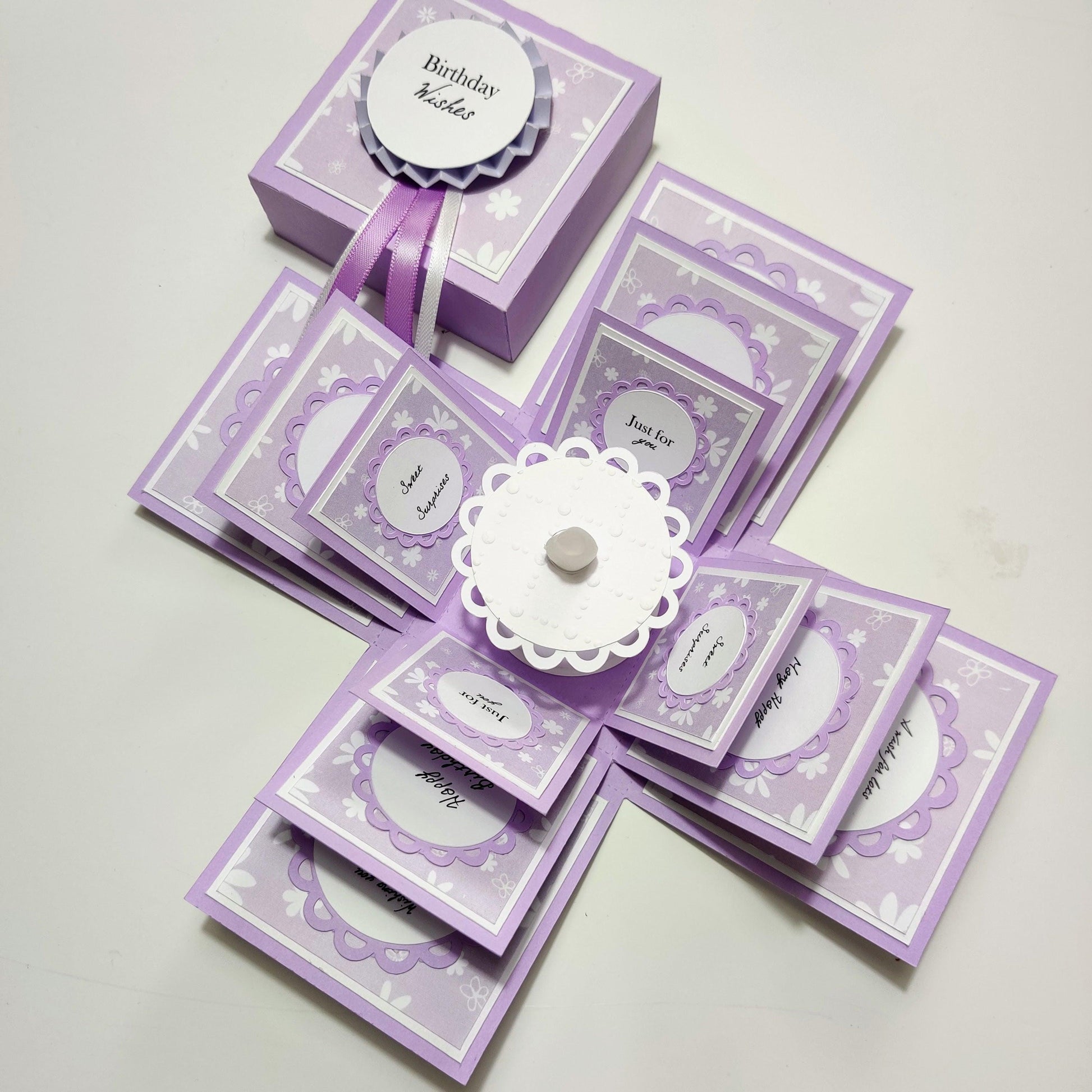 Exploding Birthday Celebration Box with Cake & Candle Lilac & White