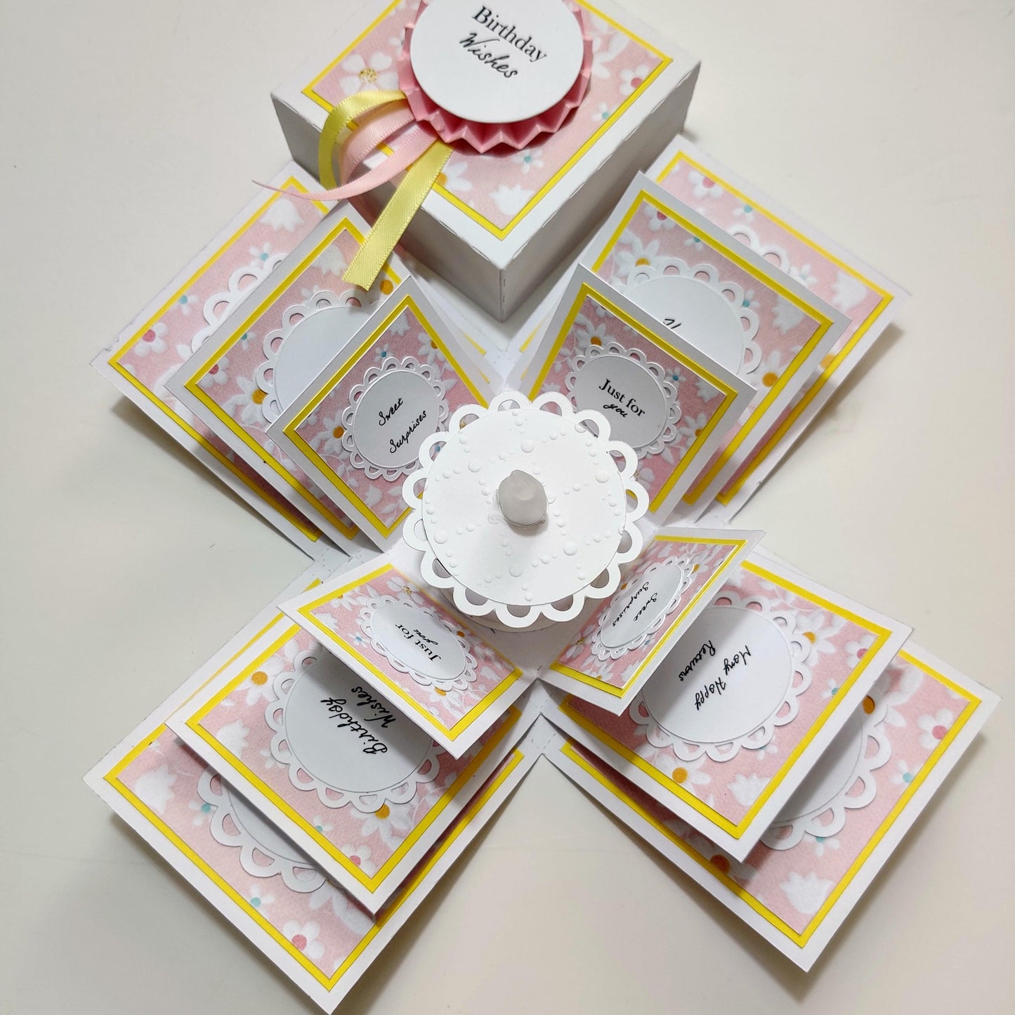 Exploding Birthday Celebration Box with Cake & Candle White with Pastel pink & Yellow