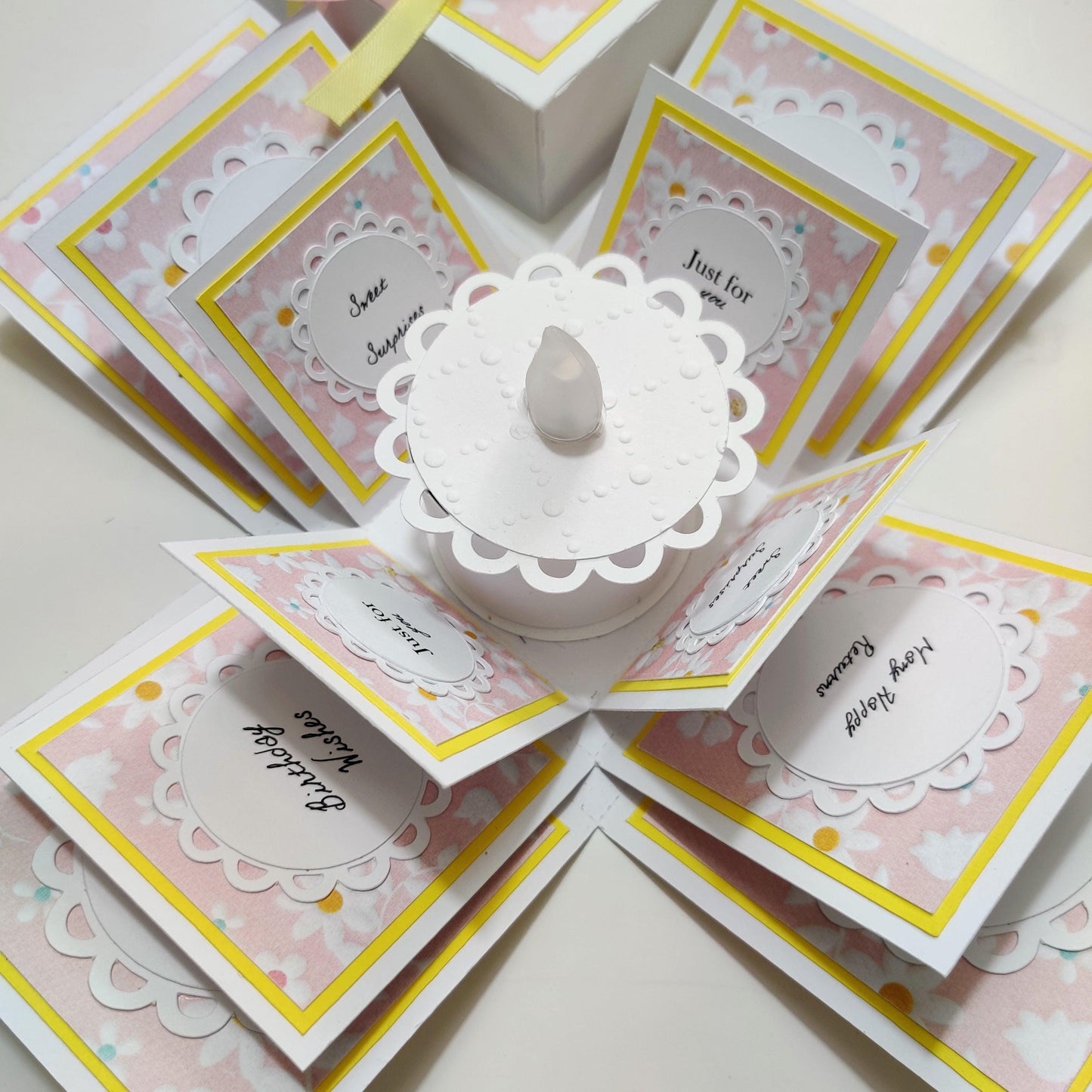 Exploding Birthday Celebration Box with Cake & Candle Pastel Pink & Yellow