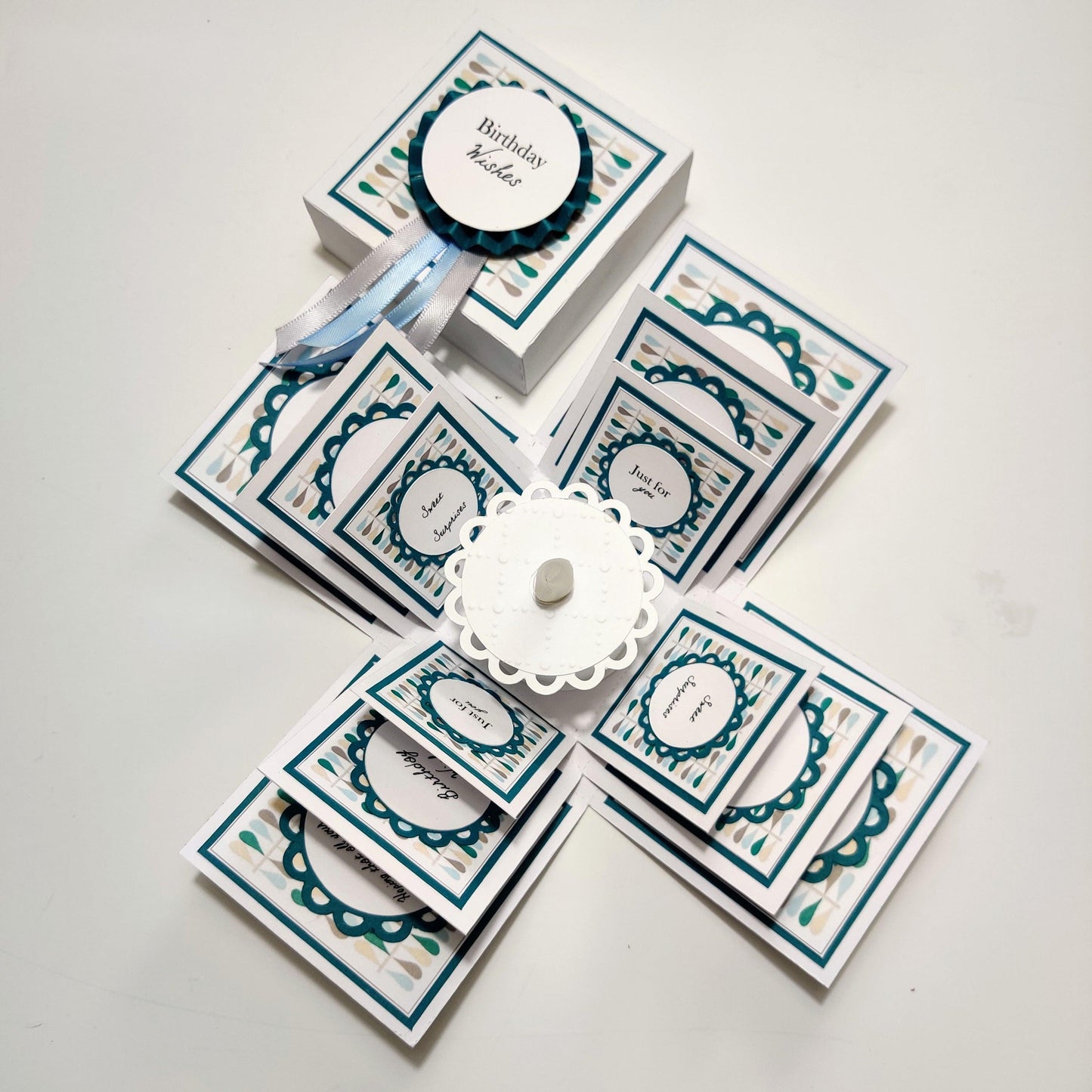 Exploding Birthday Celebration Box with Cake & Candle Teal & White Orla Kiely Inspired Design