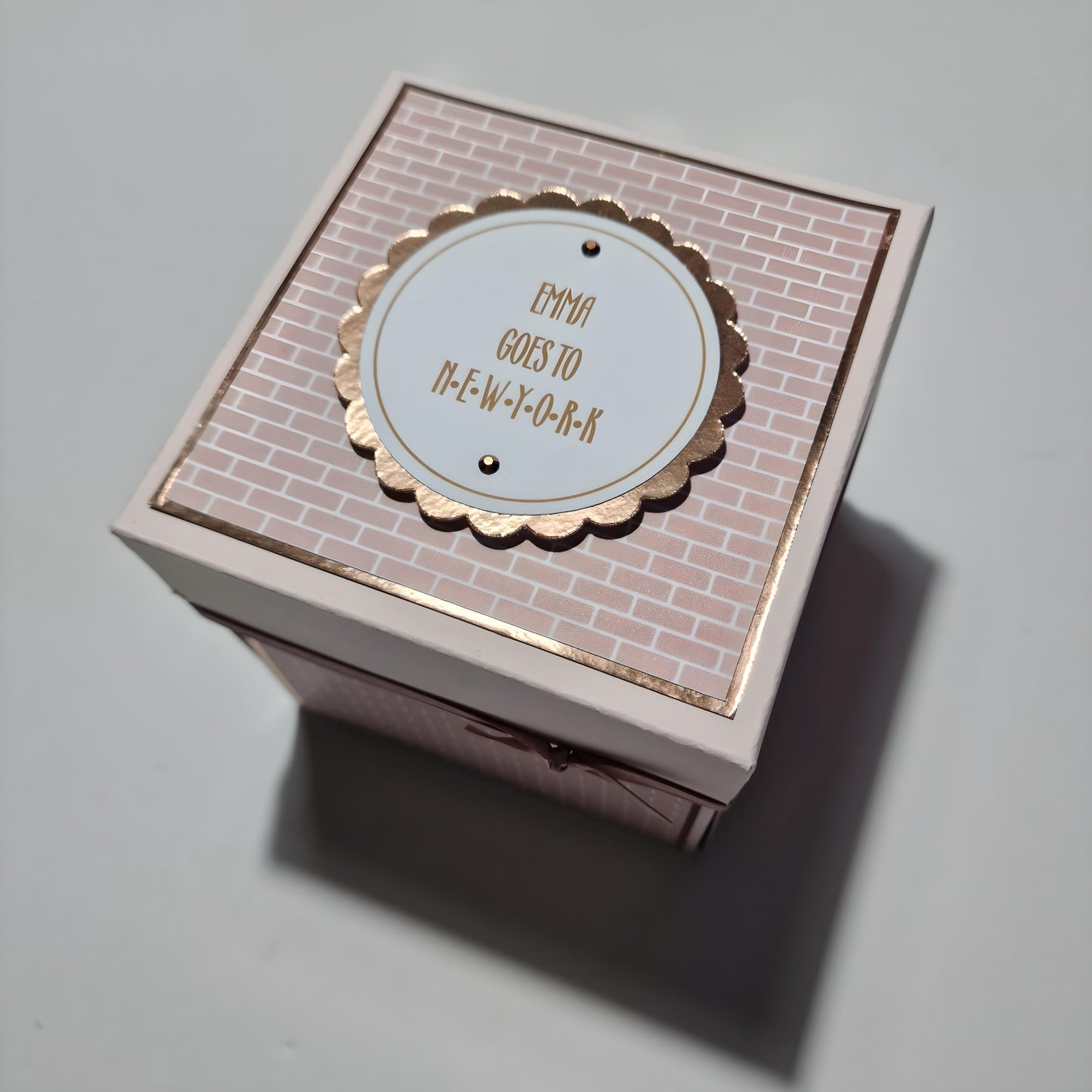 New York - Blush Pink & Rose Gold - Surprise Special Occasion | Celebration Trip Reveal Explosion Box, adorned with a freestanding Statue of Liberty and New York Skyline, featuring detailed thematic panels and gold text.