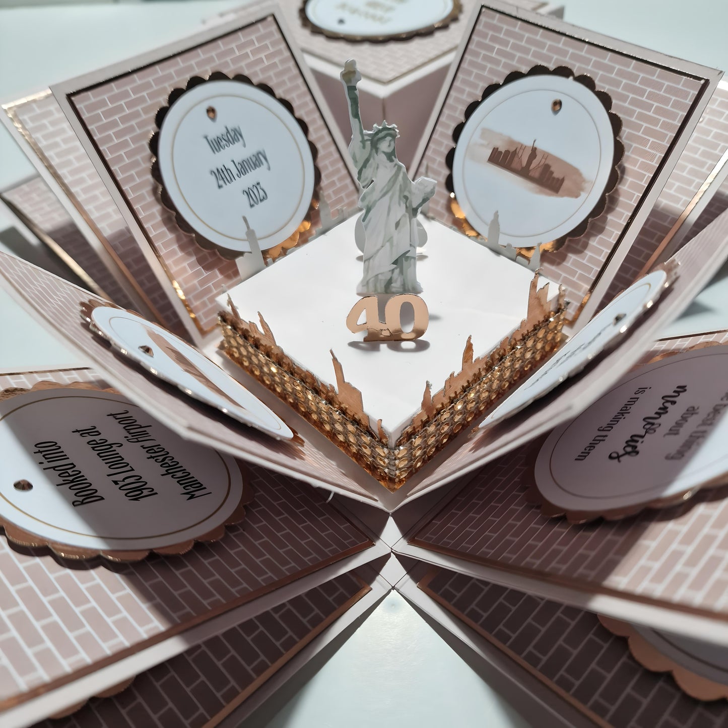 New York - Blush Pink & Rose Gold - Surprise Special Occasion | Celebration Trip Reveal Explosion Box featuring a freestanding Statue of Liberty, themed New York panels, and a paper card with star accents.