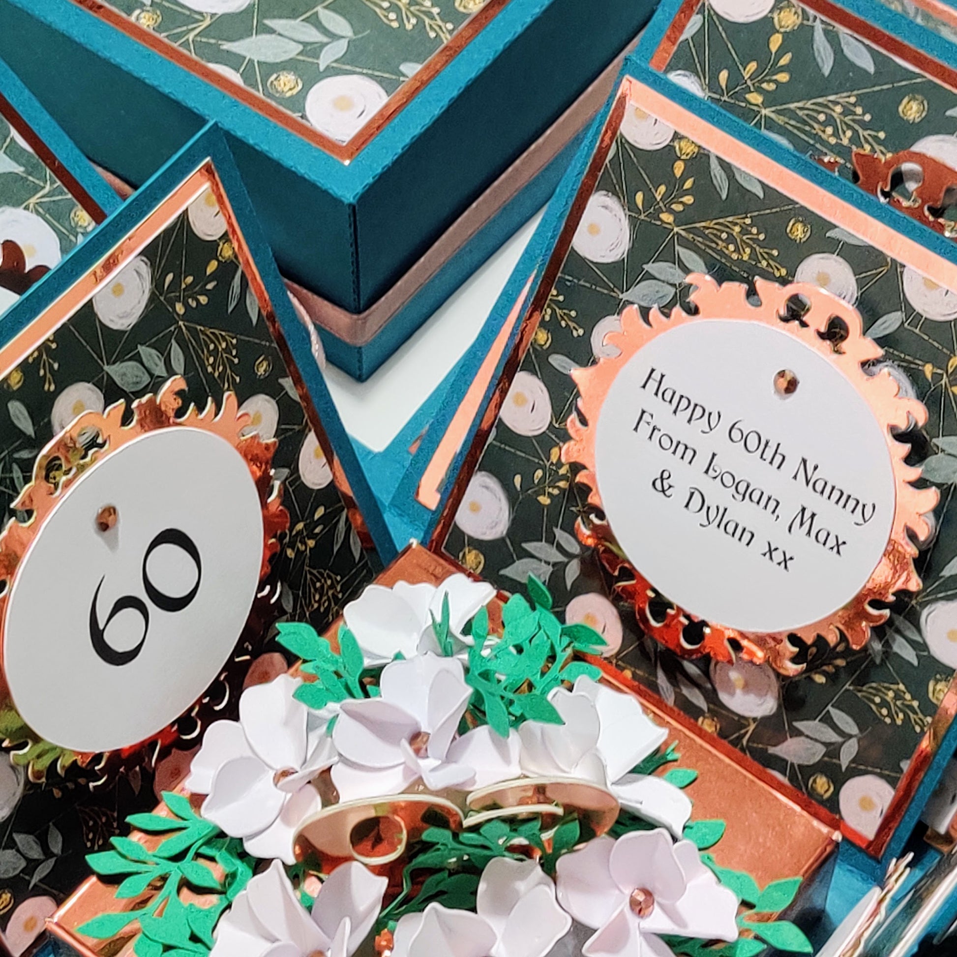 Bold Florals Birthday Celebration Pop-Open Box Card featuring intricately decorated panels with paper flowers and numbers, showcasing a personalized 3D arrangement for special occasions.