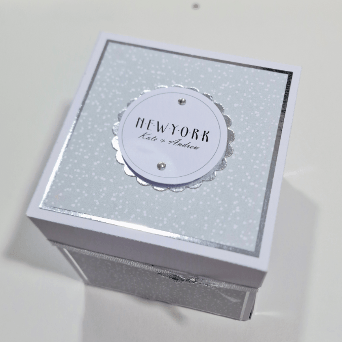 New York Christmas Trip Reveal Box featuring a white container with a round label, designed for trip surprises, showcasing intricate details like the New York skyline and Christmas decor.