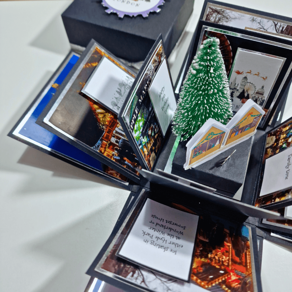 Christmas Markets Exploding Trip Reveal Gift Box featuring a miniature Christmas tree inside a decorative box, surrounded by wooden-style chalets, capturing the festive spirit of holiday markets.