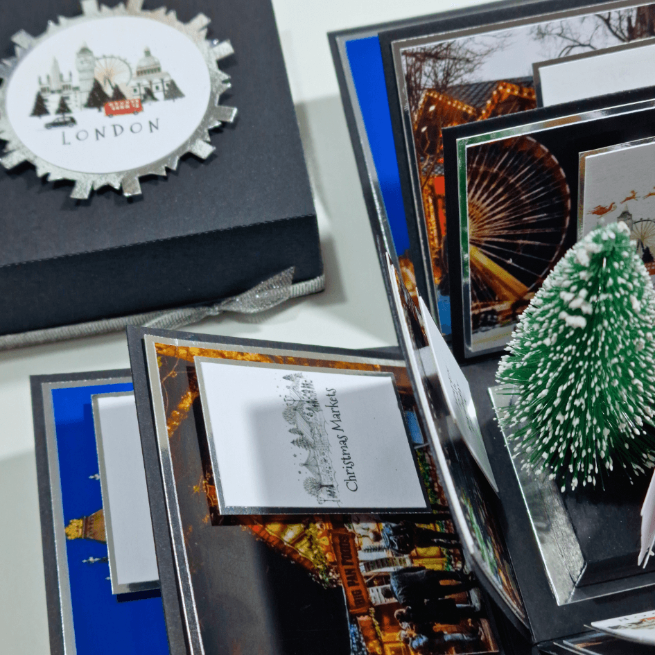 Christmas Markets Exploding Trip Reveal Gift Box featuring a festive black box adorned with a silver circle, containing cards, a miniature Christmas tree, and city-themed elements symbolizing holiday market adventures.