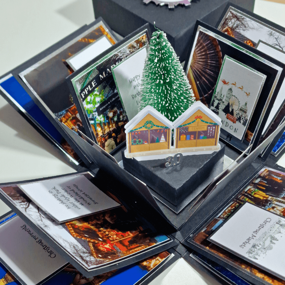 Christmas Markets Exploding Trip Reveal Gift Box with a Christmas tree inside, surrounded by wooden-style chalets, capturing the festive spirit and excitement of revealing holiday plans.