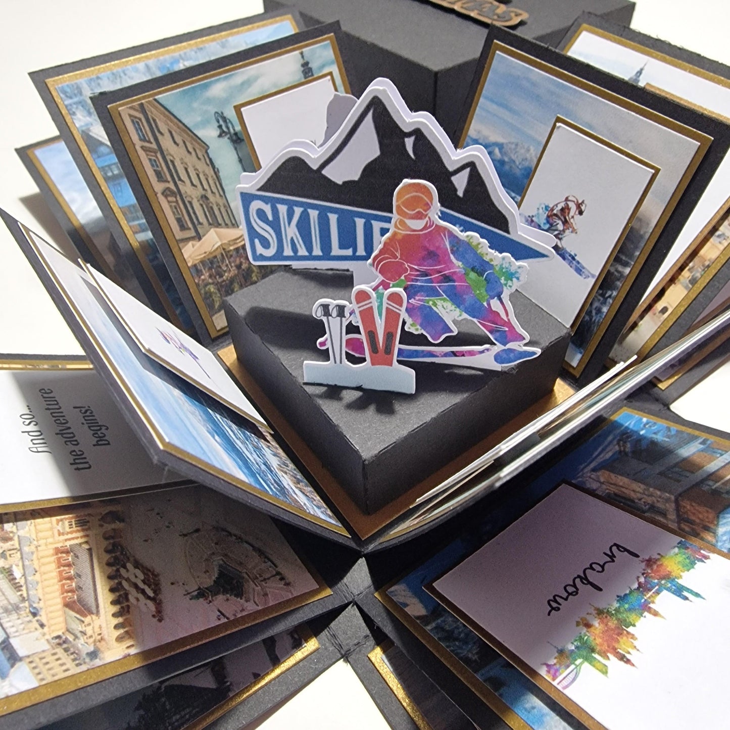 Exploding Occasions Box - Trip Reveal - Custom Occasion featuring skiing imagery, colorful stickers, and detailed panels showcasing iconic architecture, designed for personalized surprise trip announcements.