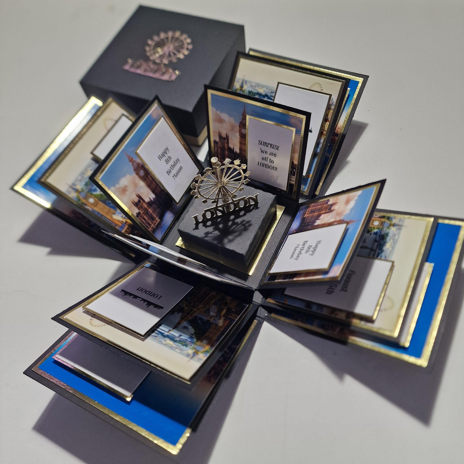 Exploding Occasions Box - Trip Reveal LONDON featuring iconic London images, a freestanding London Eye, and themed panels for a surprise trip reveal experience.