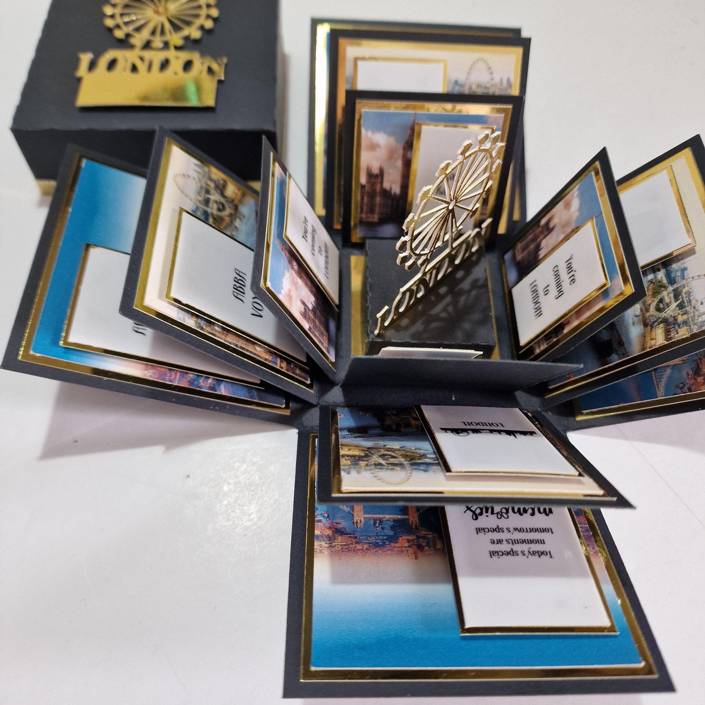 Exploding Occasions Box - Trip Reveal LONDON, featuring London-themed paper panels and a freestanding London Eye sculpture, designed for a special surprise trip announcement.