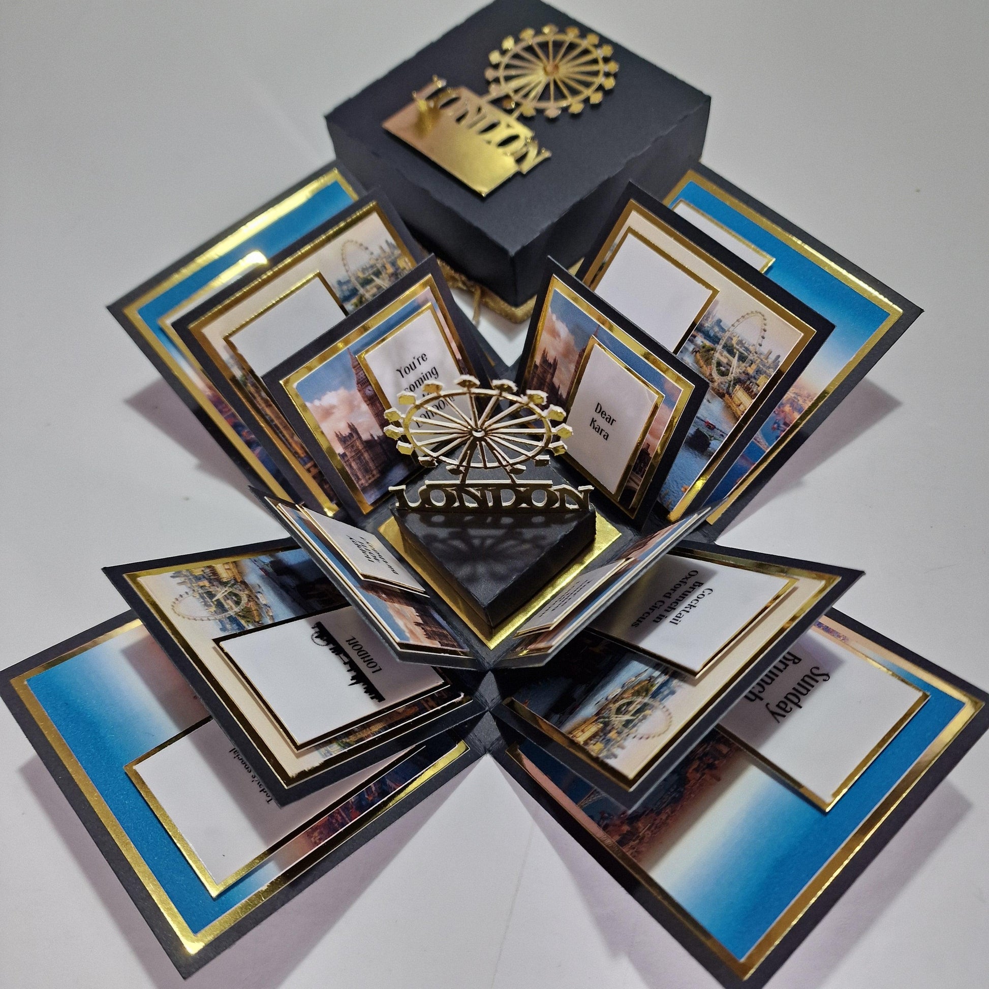 Exploding Occasions Box - Trip Reveal LONDON featuring a paper box with a freestanding London Eye, architecture panels, and surprise trip details, designed for a special celebratory experience.