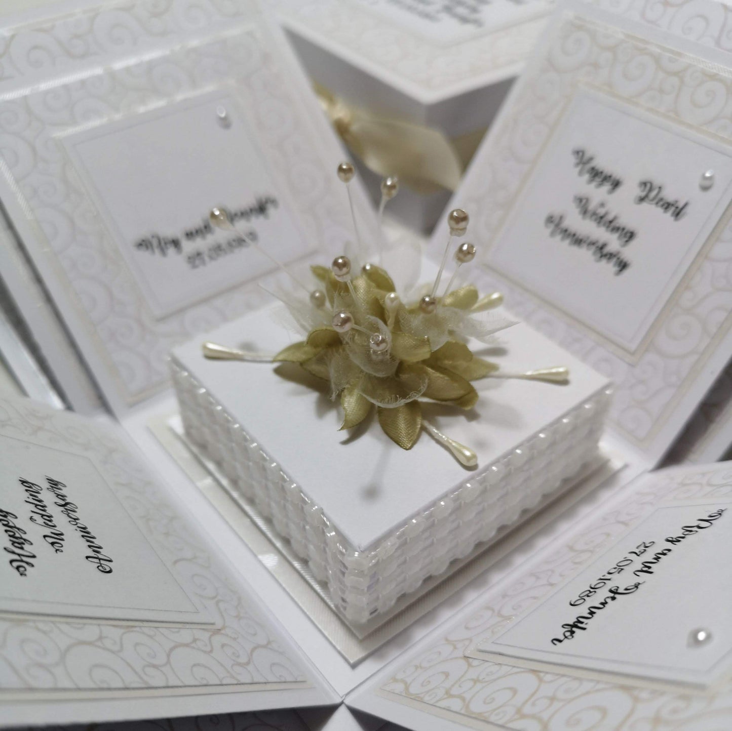 Pearl Wedding Anniversary Box, featuring a white box adorned with a flower, designed as a keepsake gift with pearl decorations, customizable panels, and occasion-specific messages for a 30th anniversary celebration.