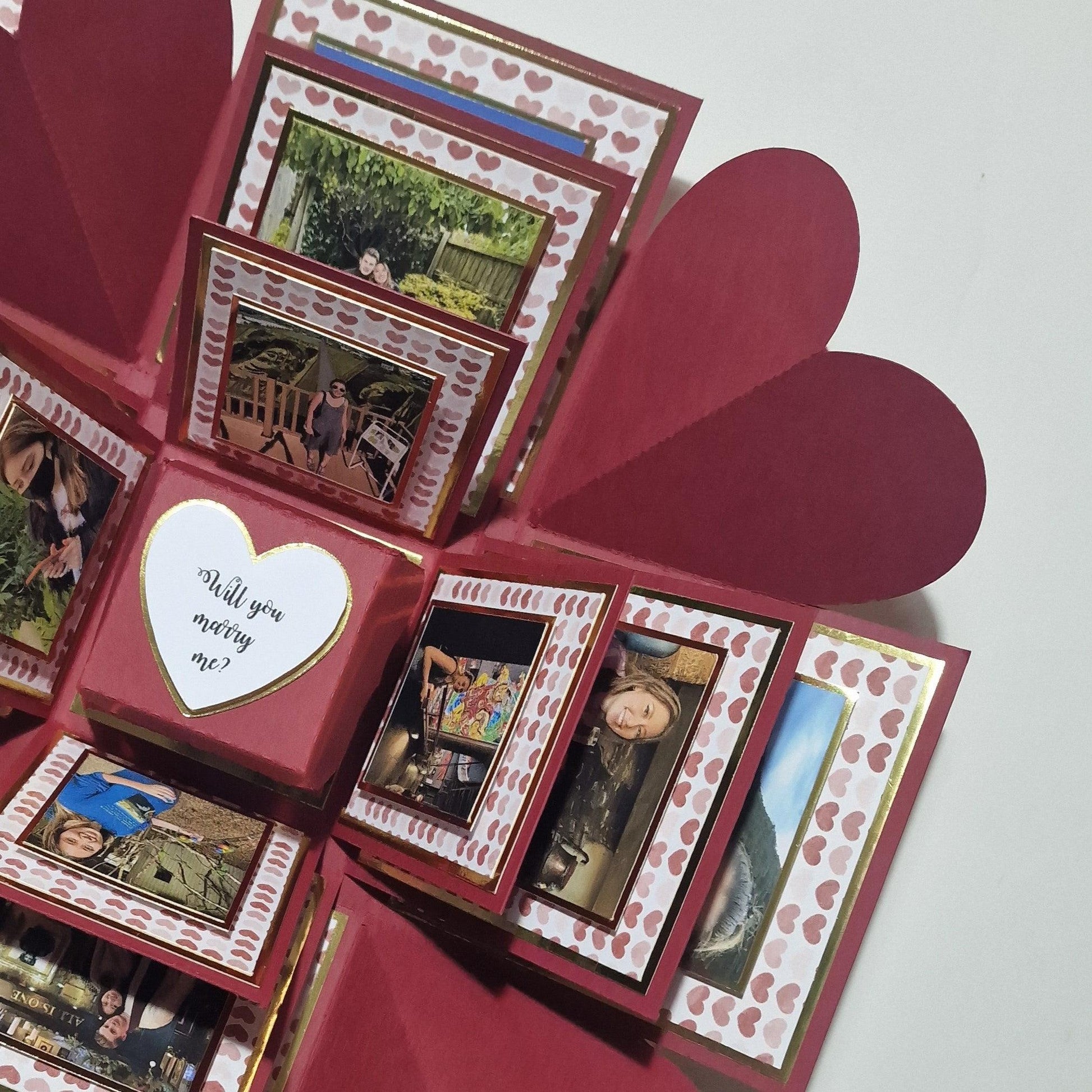 Red Wine & Gold Hearts Proposal Ring Box. Personalised