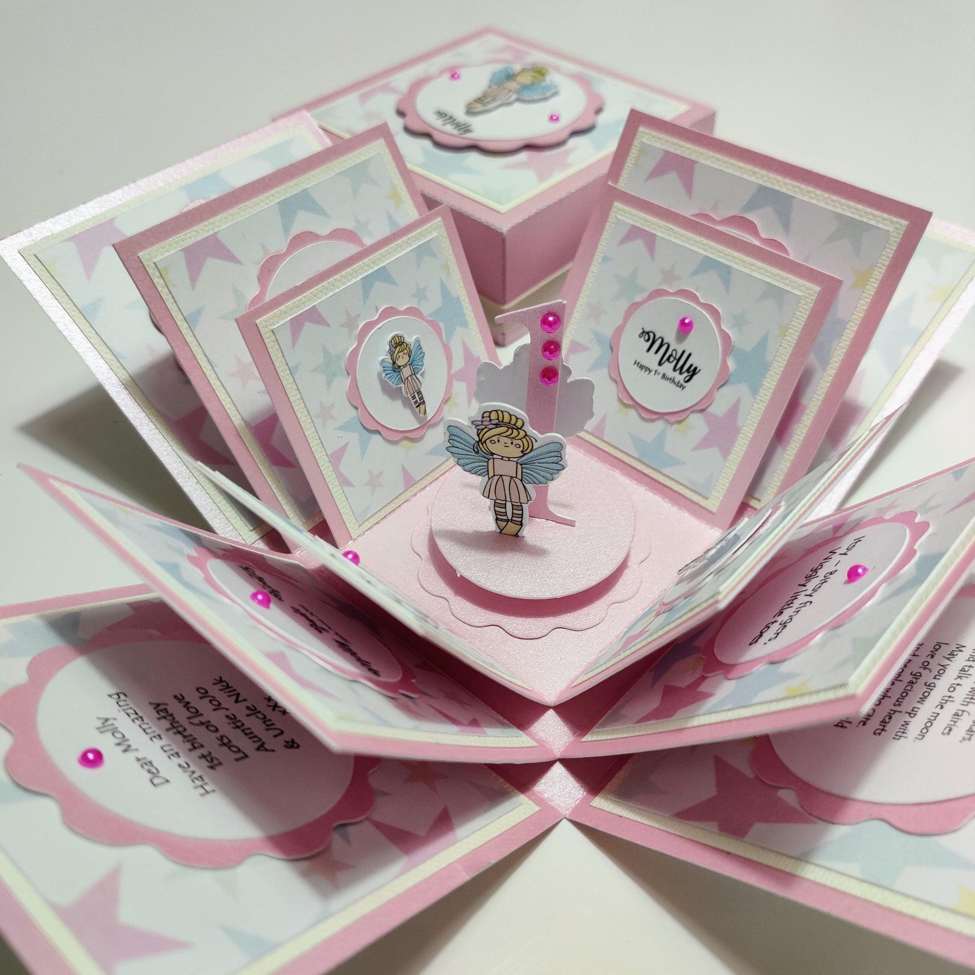 Fairy Themed First Birthday Box Exploding Birthday Box in Pastel Pink & White. Pink & Blue Star papers & pink gems.