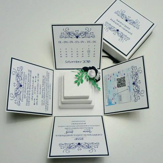 Exploding Wedding Invitation Box featuring a three-tier cake centerpiece, surrounded by panels for invite info, RSVP, venue, and poem details. Includes a calendar and a QR code for enhanced interaction.