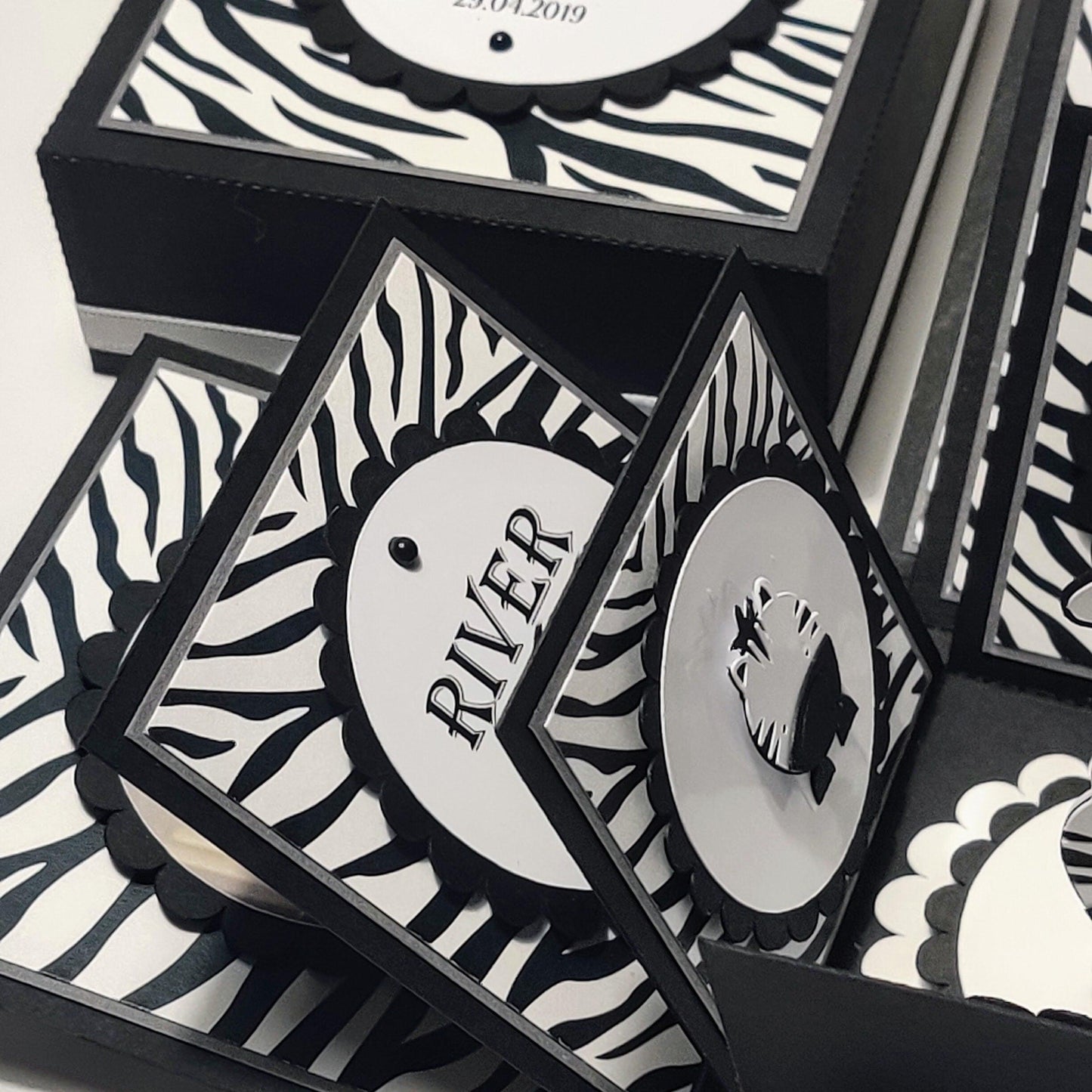 Zebra Themed Black, white & Silver First Birthday Celebration Exploding Box Card